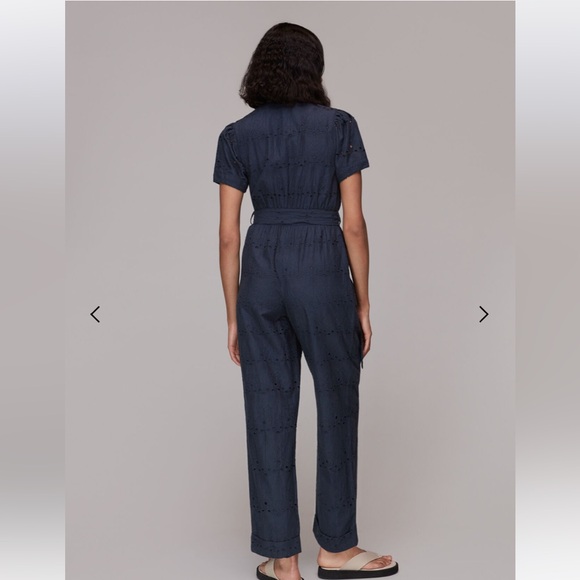 Whistles Zoe Broderie Jumpsuit Eyelet Self Tie Straight Leg Navy Blue Sz 2 NWT - Picture 6 of 8